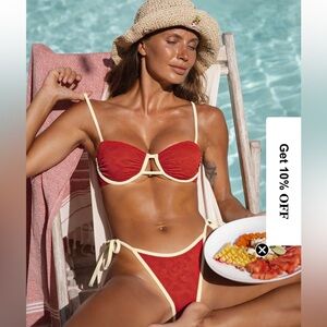 Berlook Bikini Set XS Brick Red Jacquard Underwire Top Tie Bottom New